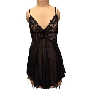 Sexy Black Lace Sheer V-neck Babydoll Chemise Slip Short Nightgown NWT Size M